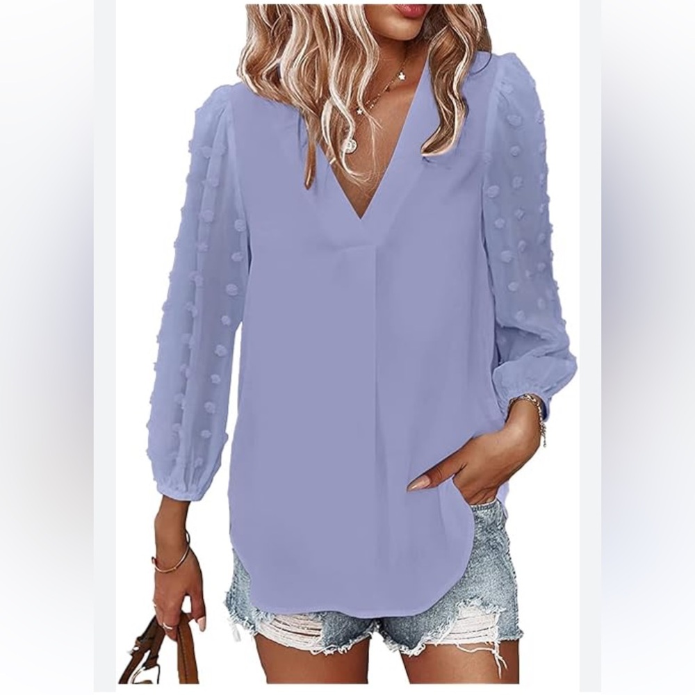 Long Sleeve V-Neck Chiffon Blouse Loose Tunic Tops